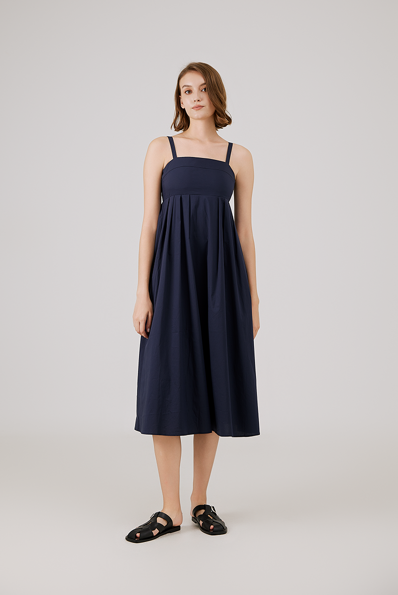 Padded Bust Empire Waist Dress in Navy Blue