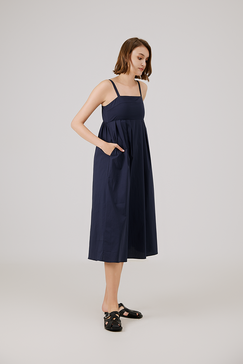 Padded Bust Empire Waist Dress in Navy Blue