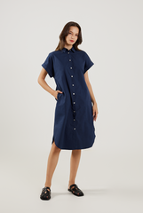 Cuffed Sleeves Cotton Dress in Navy Blue