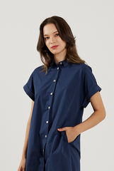 Cuffed Sleeves Cotton Dress in Navy Blue