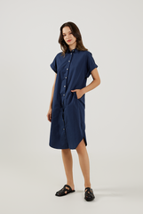 Cuffed Sleeves Cotton Dress in Navy Blue 