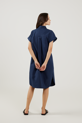 Cuffed Sleeves Cotton Dress in Navy Blue