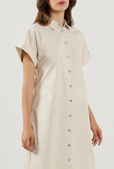 Cuffed Sleeves Cotton Dress in Oat