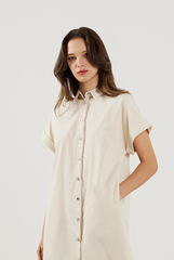 Cuffed Sleeves Cotton Dress in Oat