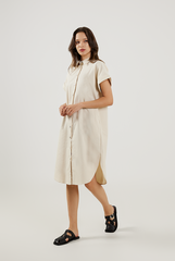 Cuffed Sleeves Cotton Dress in Oat