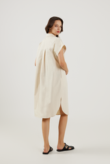 Cuffed Sleeves Cotton Dress in Oat