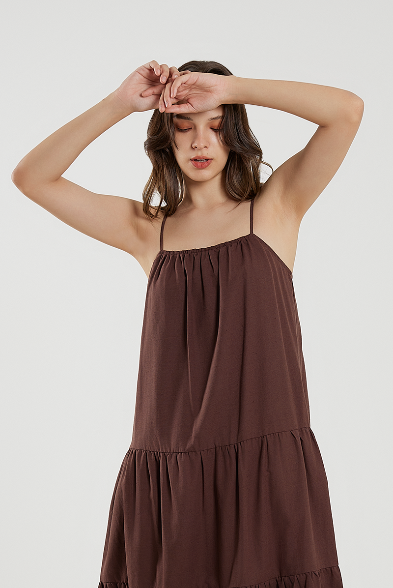 Elastic Tiered Midi Dress in Chocolate