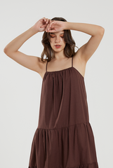 Elastic Tiered Midi Dress in Chocolate