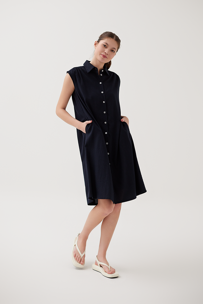 Button Down Collared Dress in Navy Blue