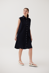 Button Down Collared Dress in Navy Blue 