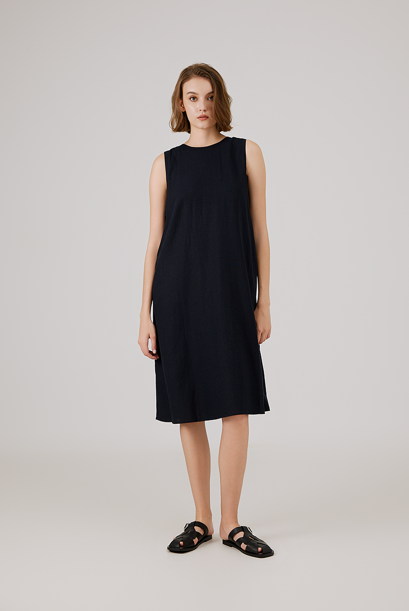 Scoop Back Ribbon Dress in Navy Blue