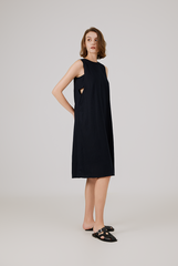 Scoop Back Ribbon Dress in Navy Blue