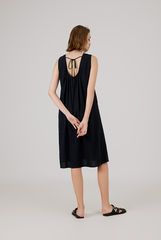 Scoop Back Ribbon Dress in Navy Blue 