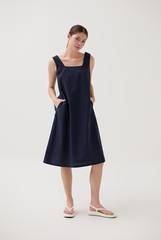 Decorative Buttoned Strap Dress in Navy Blue
