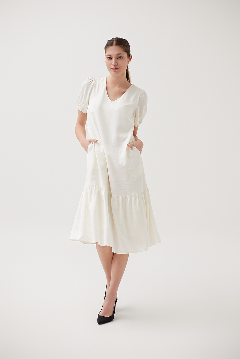 Puff Sleeves Drop Waist Dress in Cream
