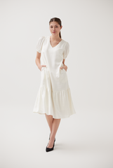 Puff Sleeves Drop Waist Dress in Cream