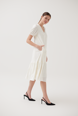Puff Sleeves Drop Waist Dress in Cream