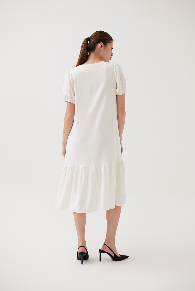 Puff Sleeves Drop Waist Dress in Cream