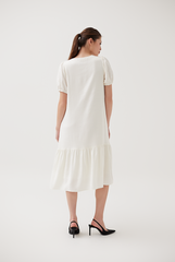 Puff Sleeves Drop Waist Dress in Cream
