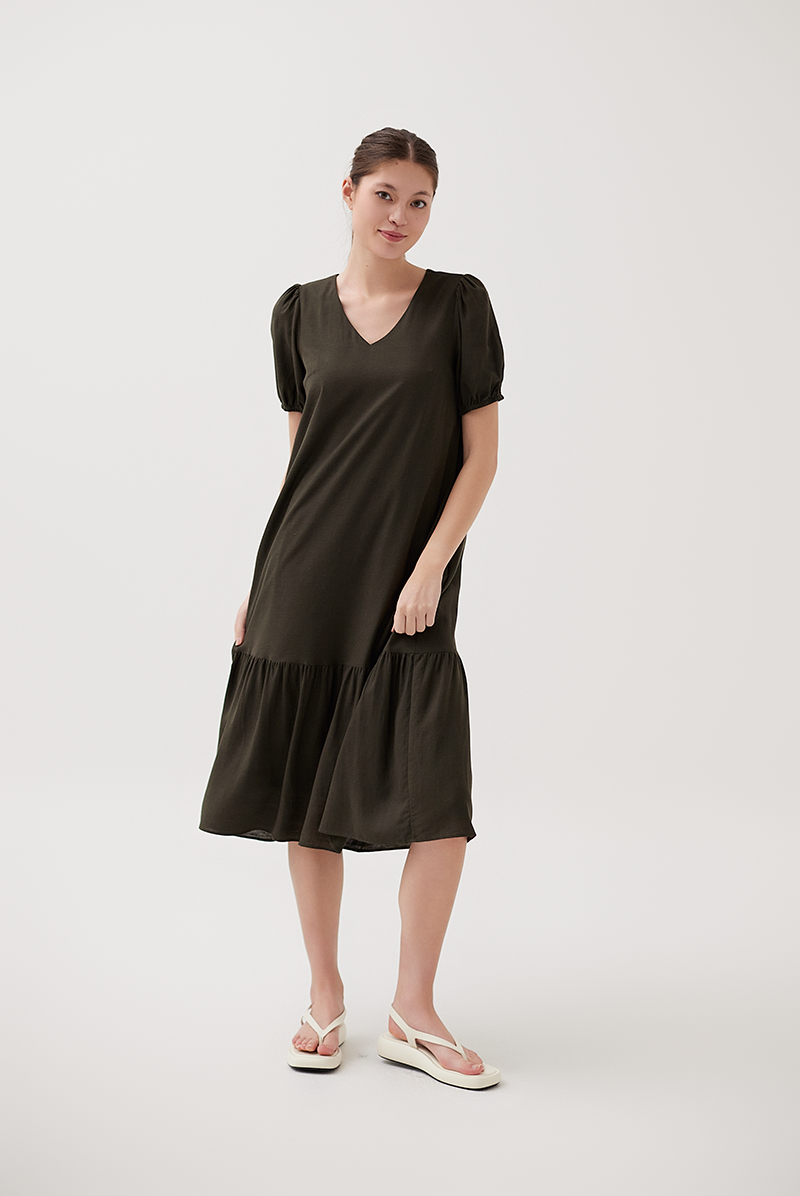 Puff Sleeves Drop Waist Dress in Seaweed