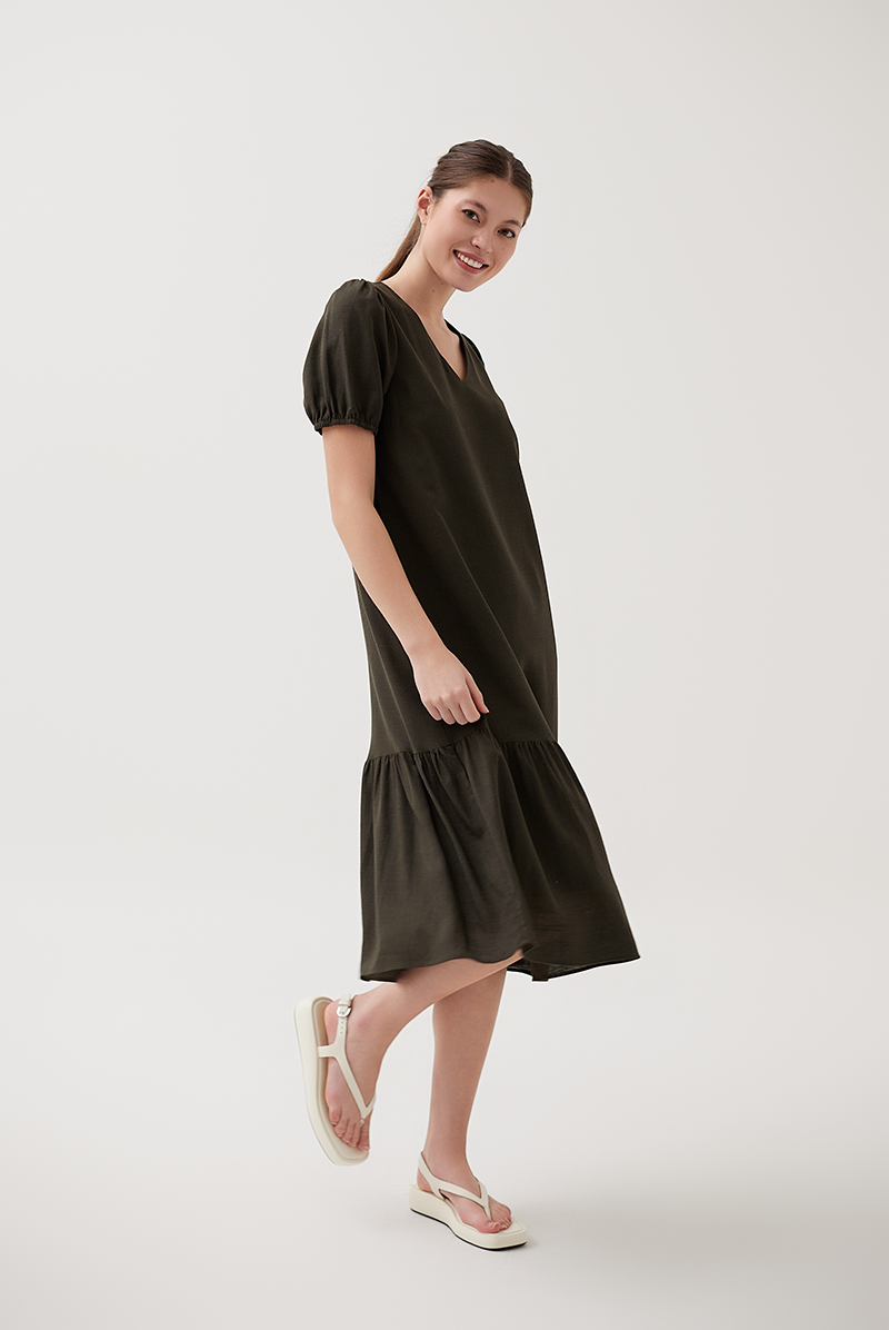 Puff Sleeves Drop Waist Dress in Seaweed