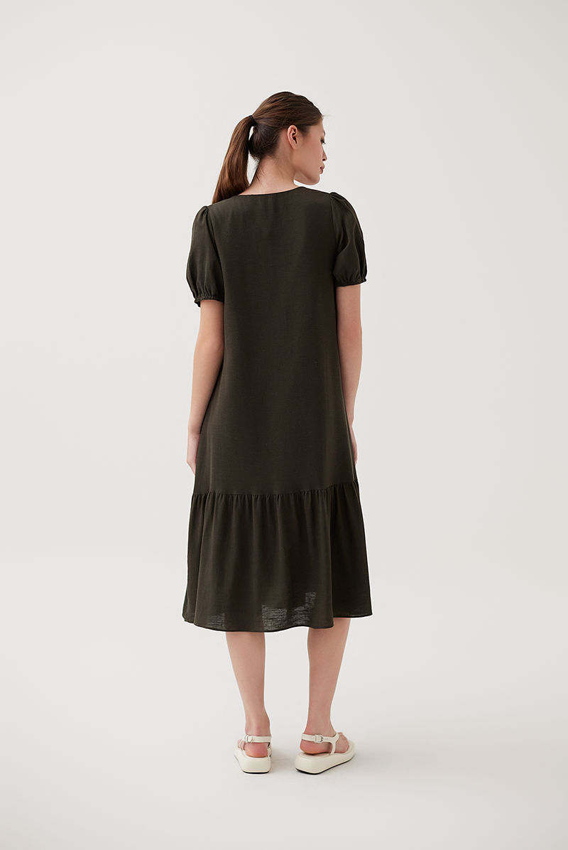 Puff Sleeves Drop Waist Dress in Seaweed