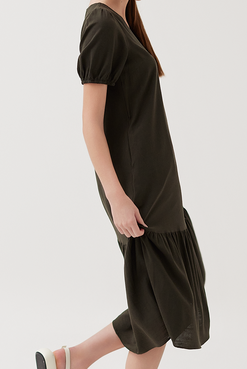 Puff Sleeves Drop Waist Dress in Seaweed