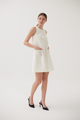 Front Patch Pockets Shift Dress in Cream