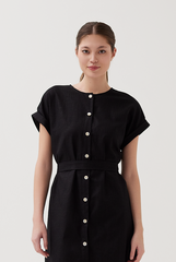 Cuffed Sleeves Button Up Dress in Black
