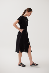 Cuffed Sleeves Button Up Dress in Black