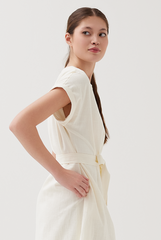 Cuffed Sleeves Button Up Dress in Cream