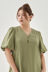 Short Puff Sleeves Midi Dress