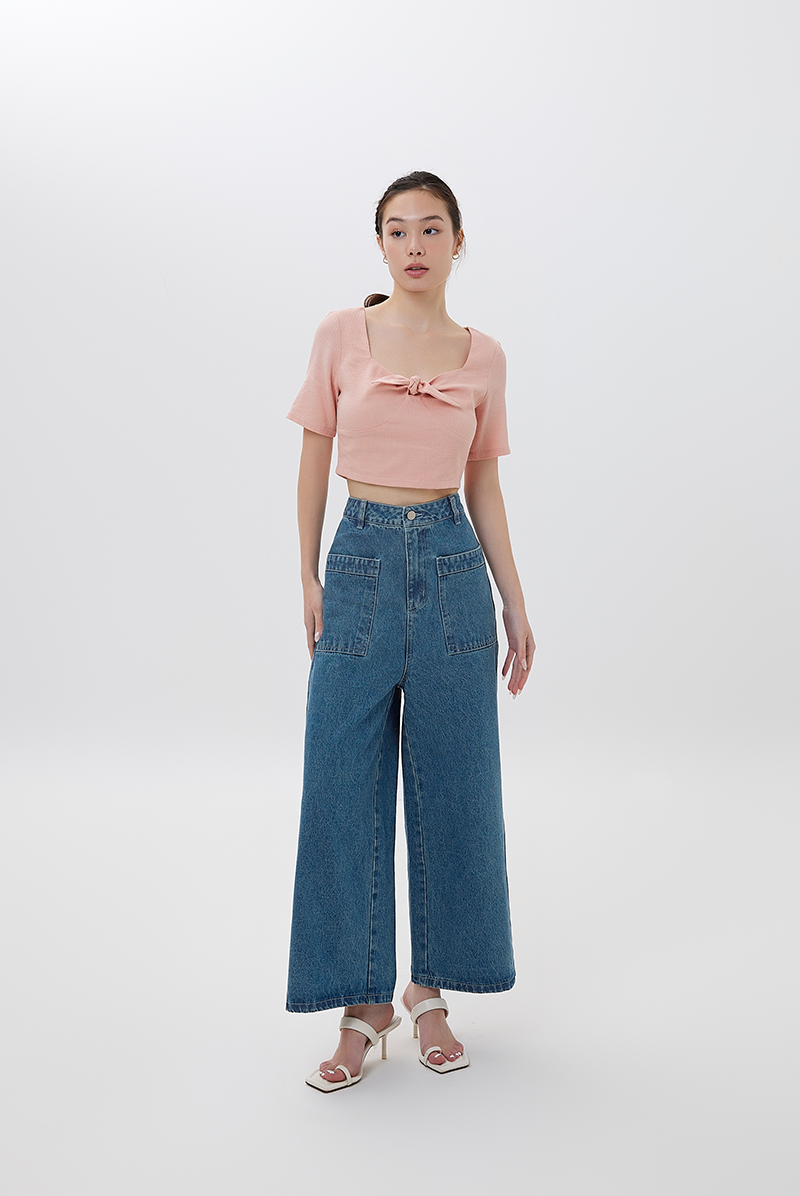 Zaria Wide Leg Denim Pants in Denim Blue