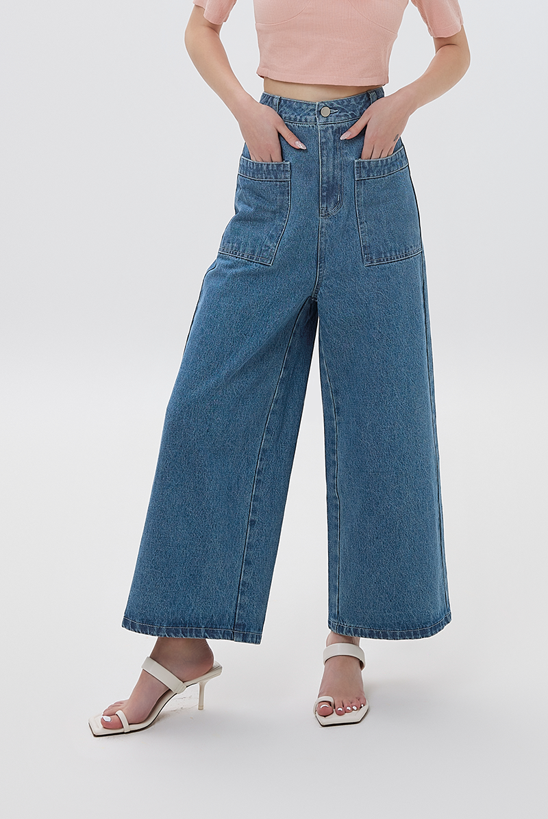 Zaria Wide Leg Denim Pants in Denim Blue