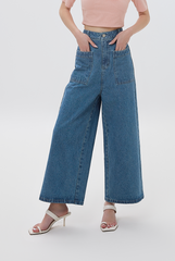 Zaria Wide Leg Denim Pants in Denim Blue