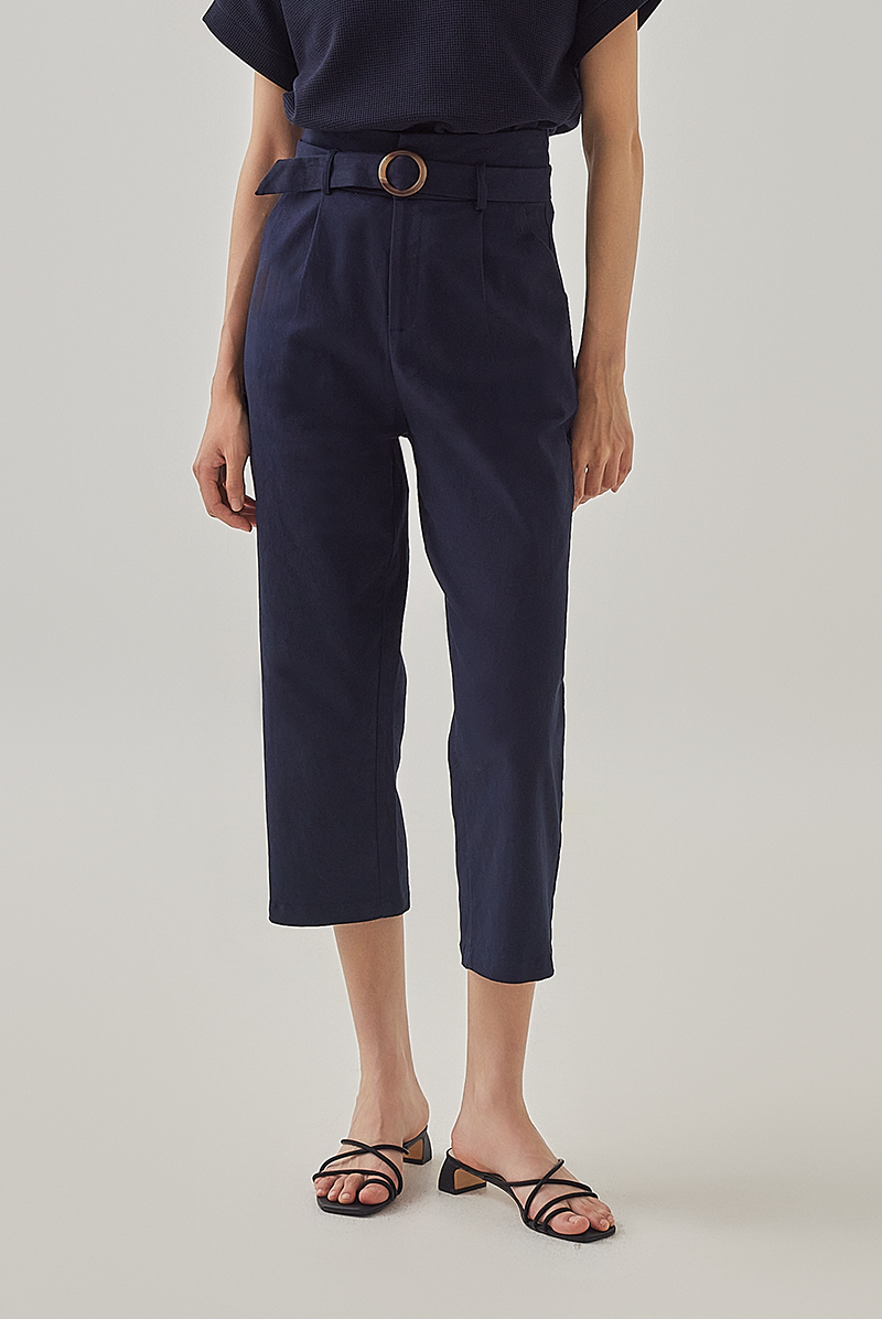 Kara Crop Belted Pants in Navy Blue
