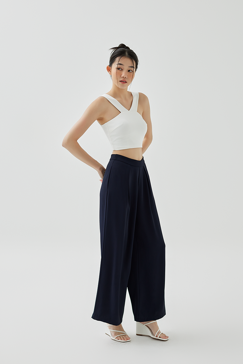 Cassey Front Pleated Wide Leg Pants in Navy Blue