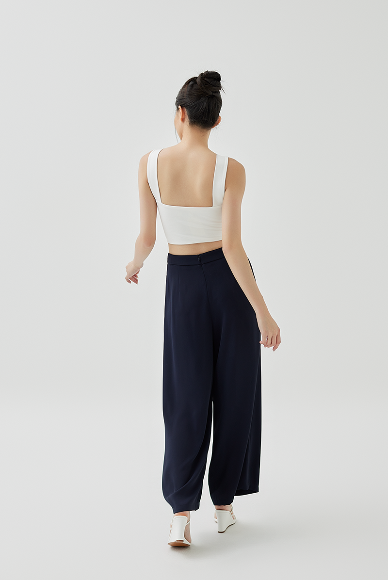 Cassey Front Pleated Wide Leg Pants in Navy Blue