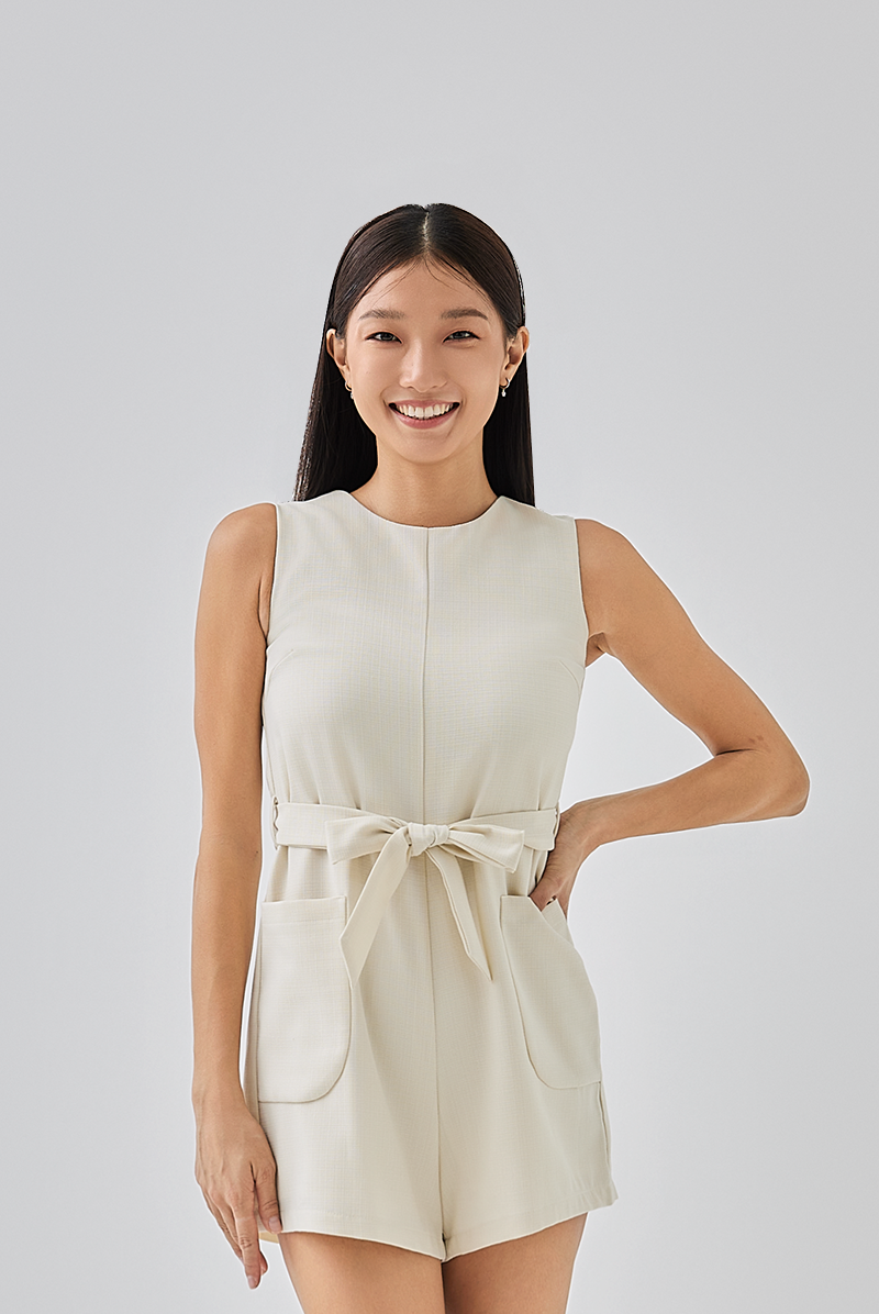 Rina Ribbon Tie Romper in Cream