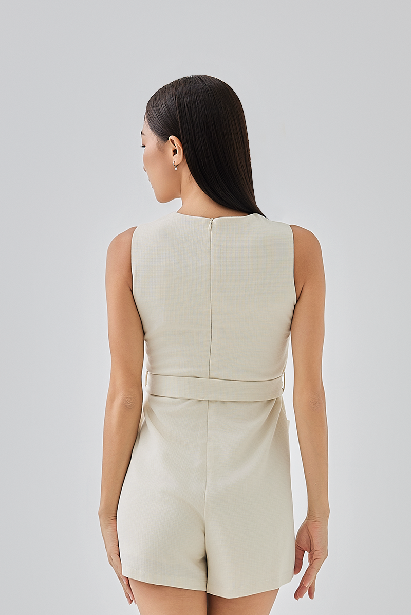 Rina Ribbon Tie Romper in Cream