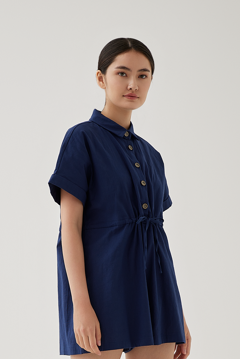 Qiana Button Down Romper in Navy Blue