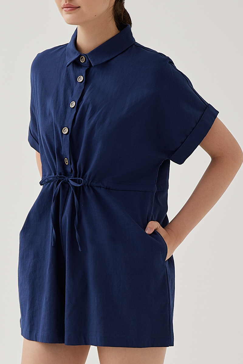 Qiana Button Down Romper in Navy Blue