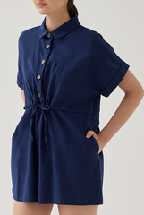 Qiana Button Down Romper in Navy Blue