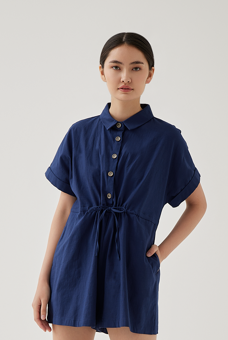 Qiana Button Down Romper in Navy Blue
