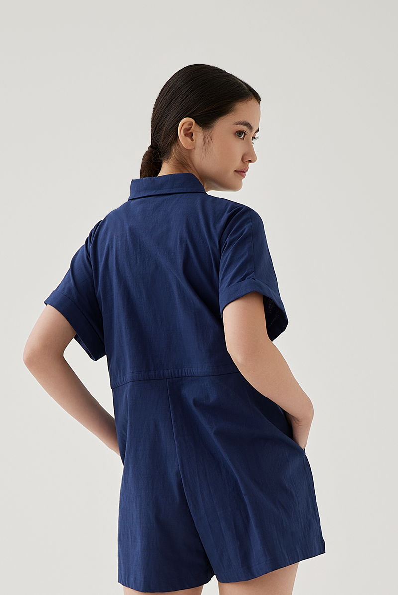 Qiana Button Down Romper in Navy Blue