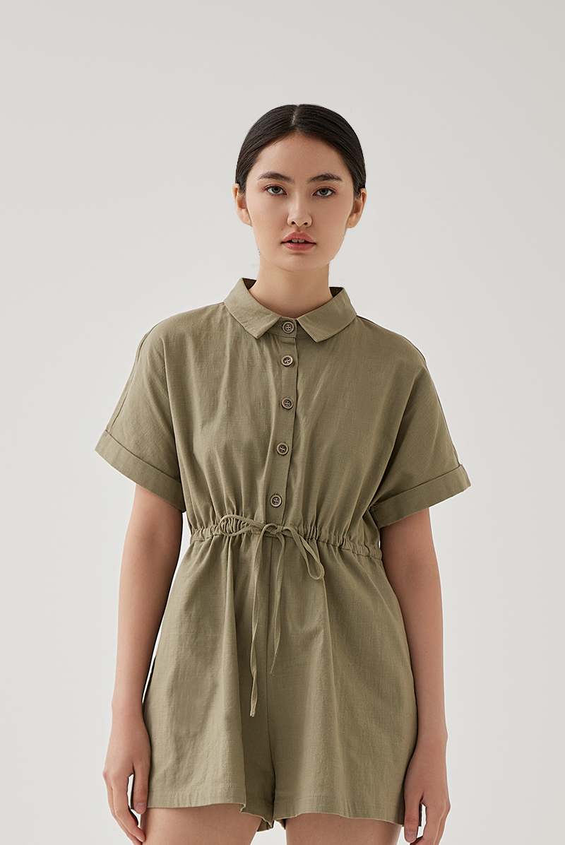 Qiana Button Down Romper in Tea