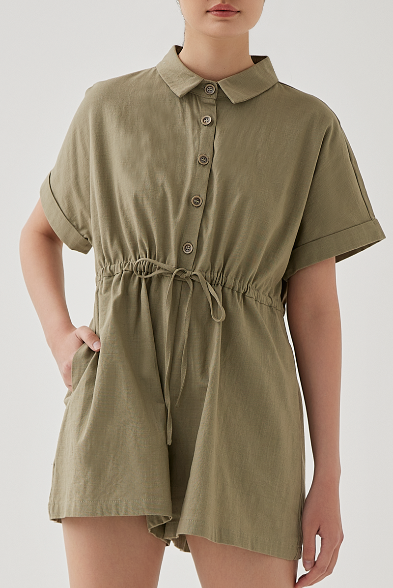 Qiana Button Down Romper in Tea