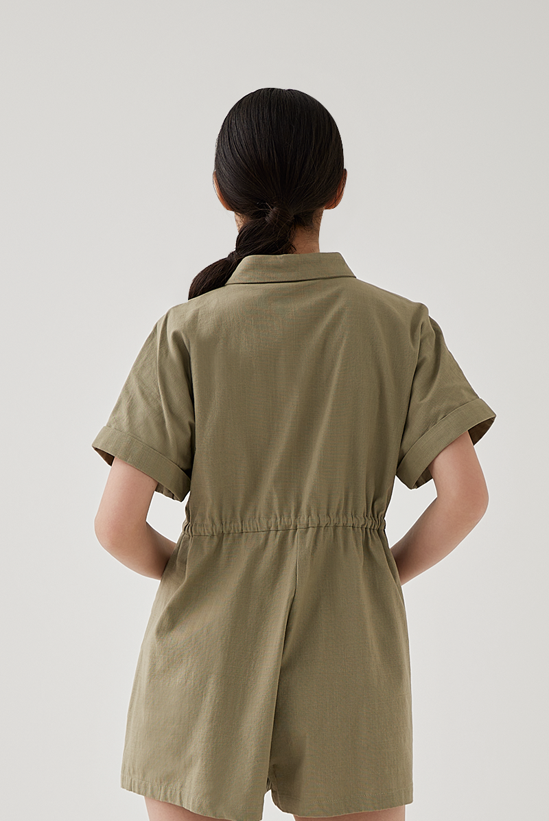 Qiana Button Down Romper in Tea