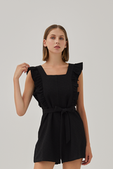 Lenna Ribbon Flutter Sleeves Romper in Black
