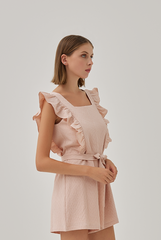 Lenna Ribbon Flutter Sleeves Romper in Pink